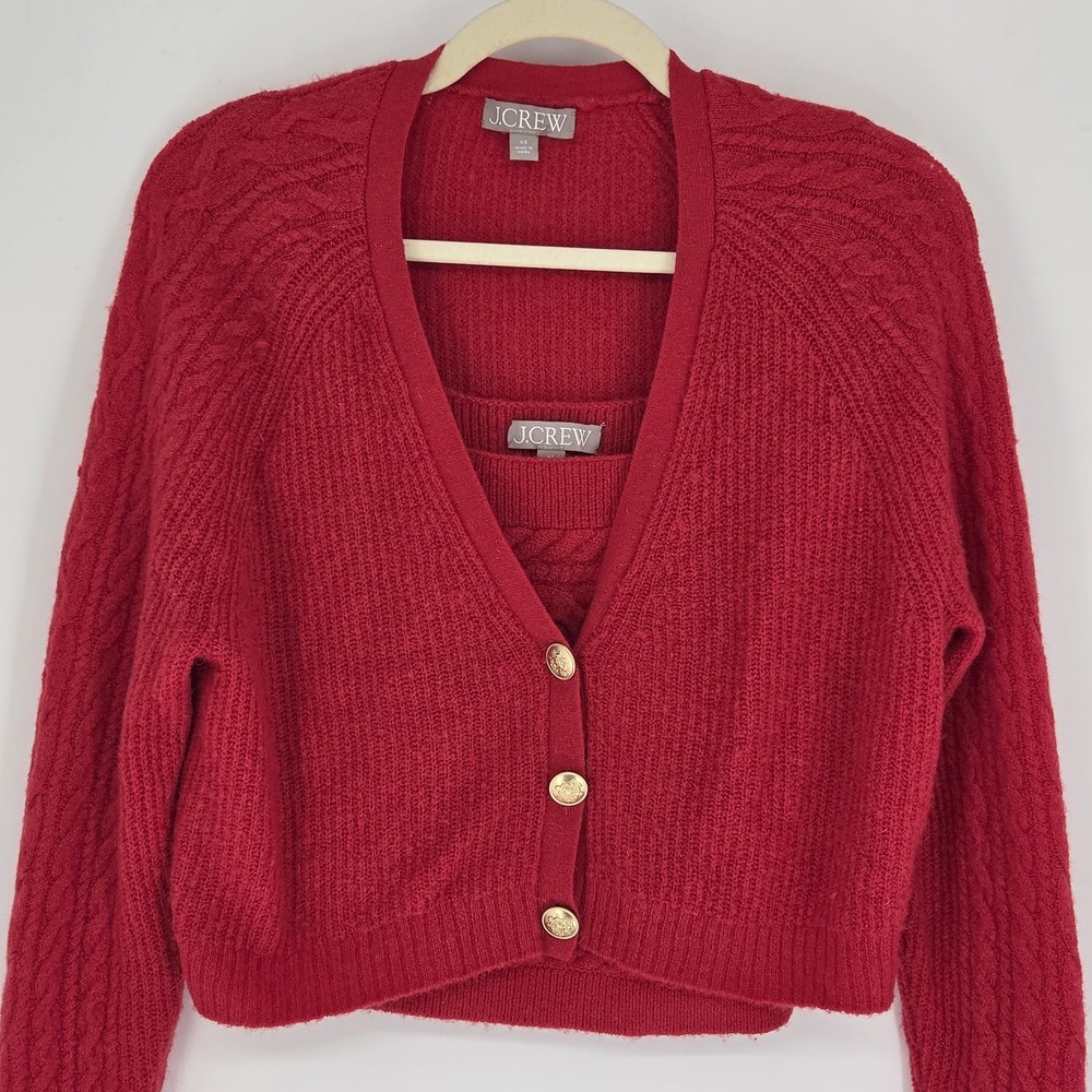 J Crew Merino/Alpaca Blend 2 pc Cable Knit Sweater XS Old Money Classic Red Cozy